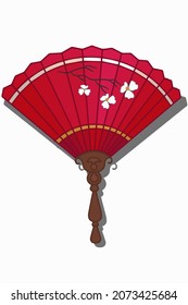 Red fan with a sakura twig. Eastern accessories. An isolated item on a white background. Vector