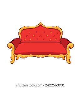 Red fancy beautiful and expensive styled lounge sofa seats. Pixel bit retro game styled vector illustration furniture drawing. Simple flat interior artwork.