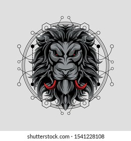 red fangs lion with sacred geometry
