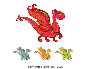 Red Fantastic dragons. Dragons Red, green, yellow, blue. Characters isolated on a white background.