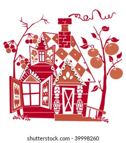 Red fantastic small house with a garden.