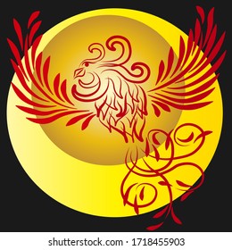 Red fantasy abstract Phoenix near yellow moon. 