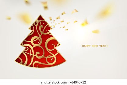 Red fantasy christmas fir-tree and golden confetti falls isolated over white background. Vector illustration.