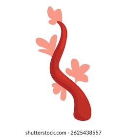 Red fantasy liana with leaves is growing upward isolated on white background