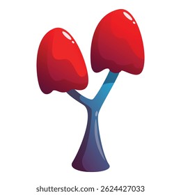 Red fantasy mushroom growing on blue trunk with gradient from blue to purple