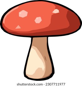 Red fantasy mushroom vector art, featuring a tall chubby stem and a wide, bulbous cap with a unique style and color. perfect for stickers, world-building, background art, and tile set. 