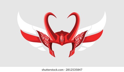 Red Fantasy Warrior Helmet with Long Curved Horns and Stylized White Wings for Gaming or Cosplay Icon