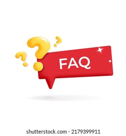 Rotes FAQ-Etikett mit gelben Fragezeichen, 3D-Vektorgrafik. Fragen Sie nach Hilfe, Online-Support, Kundenservice, kontaktieren Sie uns, Business-Symbol Concept Art.