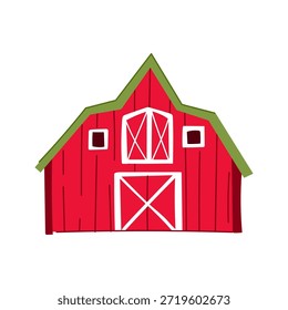 Red farm barn building featuring a green roof, white doors, and windows, presenting an iconic symbol for farming, rural themes, and country living concepts