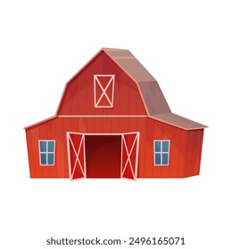 Red farm barn, front view of rustic house with windows and door on ranch vector illustration