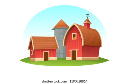 Red farm barn with grain silo, isolated. Cartoon vector illustration.