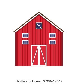 Red farm barn graphic representing rural architecture and agricultural heritage, featuring classic design with white doors and window details on a solid background