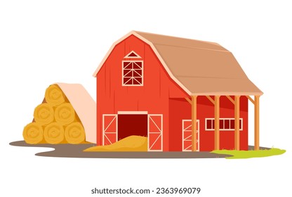 Red farm barn with hay bales vector illustration. Cartoon isolated wooden house for storage of straw pile and yellow haystacks from agriculture field, village warehouse with yard, old farmhouse