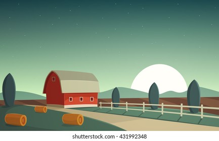 Red farm barn at night, countryside landscape, cartoon vector illustration.