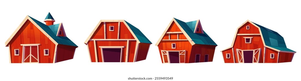 Red farm barn set in classic rural style - wooden structures with white trim, windows and doors, turquoise roofs. Different architectural designs with arched entrance, storage for agricultural use.