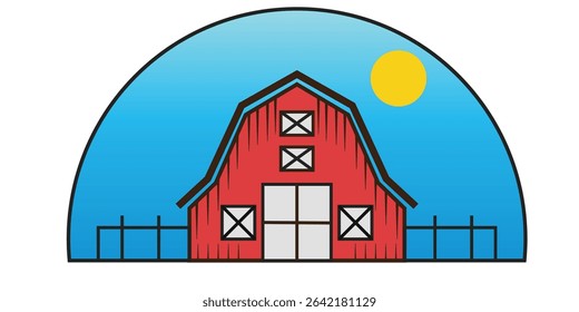 Red Farm Barn Under a Bright Sun With a Clear Blue Sky