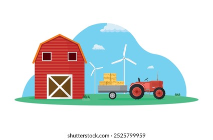 Celeiro agrícola vermelho com moinhos de vento e trator. Ilustração de vetor de design plano.