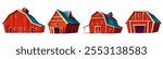 Red farm barns with roofs and windows, closed and open gates. Rustic wooden houses for cattle stable and harvest storage. Wood farmhouse for ranch landscape design. Cartoon vector agricultural homes.