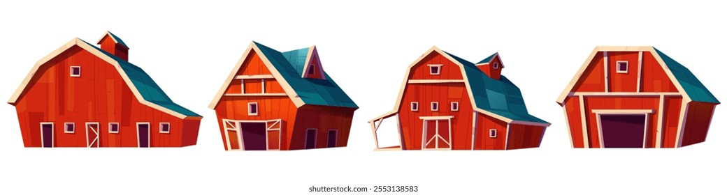 Red farm barns with roofs and windows, closed and open gates. Rustic wooden houses for cattle stable and harvest storage. Wood farmhouse for ranch landscape design. Cartoon vector agricultural homes.