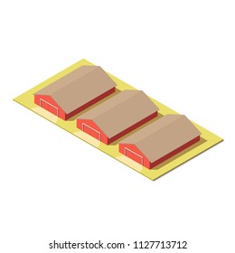 Red farm buildings. Vector 3d isometric low poly illustration.