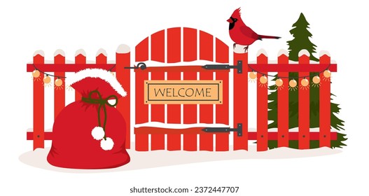 A red farm fence with a crested bird. Christmas country scene with fence, fir tree, Santa's gift bag. Winter landscape with fence, bird, spruce, garland. Isolated vector clipart.