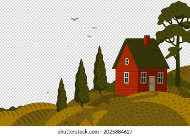 Red farm house. Rural landscape with Barn house in rustic style on green field with cypresses