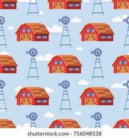 Red farm house seamless pattern design background. Vector illustration flat cartoon