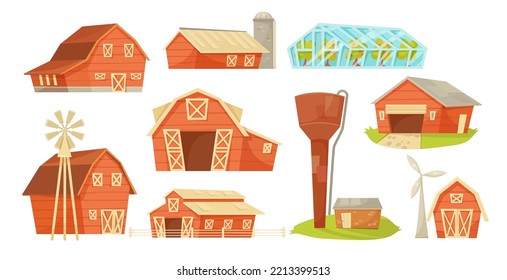 Red farm houses or sheds vector illustrations set. Front and side view of stalls, barns, greenhouse, farm constructions, silo tower, windmill isolated on white background. Farming, agriculture concept