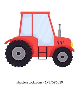 Red farm tractor in cartoon style isolated on white background. Agriculture equipment, country machinery. Childish vehicle, cute, simple.