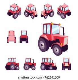 Red farm tractor, from different angles. Vehicle template vector isolated on white. View front, rear, side, top, isometric, back, 3D perspective, low poly flat style