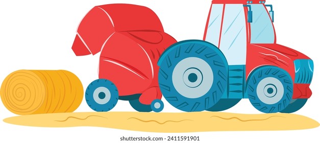 Red farm tractor with hay bale, agricultural machinery in field, summer farming equipment. Countryside agriculture and modern machinery vector illustration.