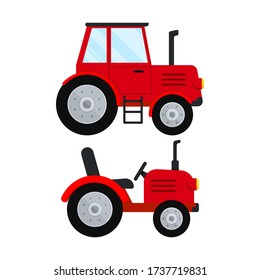 Red farm tractor icon set isolatet on white background. Red small and big wheel farmer tractor. Flat design cartoon style agricultural car machine for field work vector illustration.