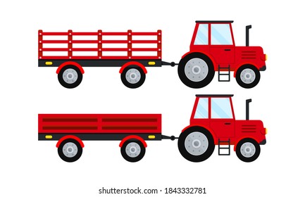 Red farm tractor with open trailer icon set isolated on white background. Red tractor pulling trailers. Flat design cartoon style collection agricultural machine for field work vector illustration.