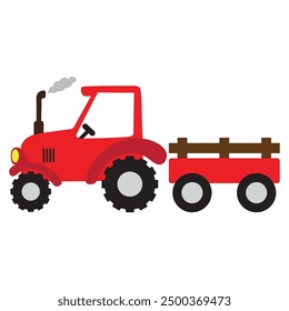 Red farm tractor and wagon vector cartoon illustration