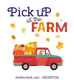 Red farm truck with pumpkins flat color vector. Fall season pumpkin apples harvest pick at farm background. Farm pickup cartoon design element. Autumn vegetables harvest banner template illustration