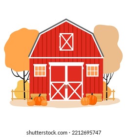Red farmer's barn on the background of an autumn landscape. Illustrated vector element.