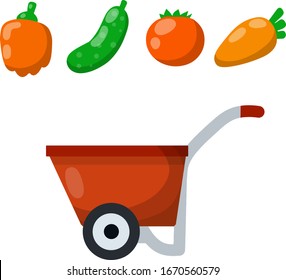 Red farmer's cart with vegetables. Pepper, onion, broccoli, tomato, carrot, cucumber. Fresh food and harvest. Rustic element and red wheelbarrow. Cartoon flat illustration