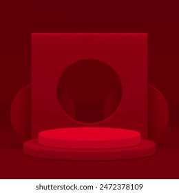Red fashion 3d podium pedestal with squared frame hole wall background realistic vector illustration. Trendy geometric stage cylinder platform for commercial shopping sale product show
