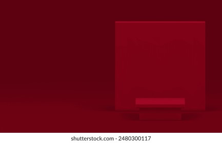 Red fashion 3d podium pedestal geometric scene for presentation realistic vector illustration. Minimalist squared display with wall background rendering mock up for product promo show advertising