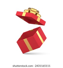 Red fashion flying open gift box luxury present pack with golden bow ribbon 3d icon realistic vector