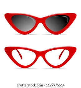 Red fashionable glasses in the form of a chanterelle with dark and transparent glasses. Vector illustration