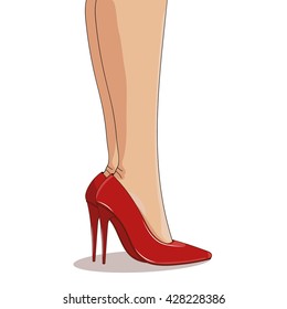 Red fashionable shoes on slender female legs. High spike heels, pointed toecaps. Vector illustration, isolated on white background. Cartoon style with lights and shadows. Feminine and glamour concept.