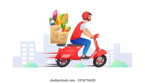 Red fast delivery retro scooter, motorbike with courier, groceries and food on the road, way through city, red pin on white. Vector illustration for flyer, poster, banner, web, advertising.