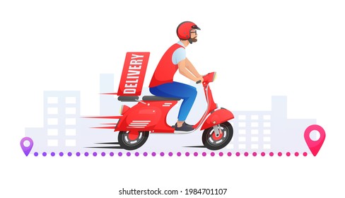 Red fast delivery retro scooter motorbike, moped with courier with pin and buildings on white background. Vector illustration for design, flyer, poster, banner, web, advertising.