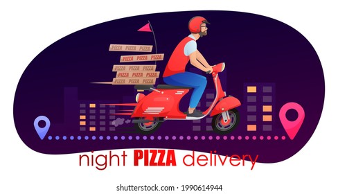 Red fast delivery retro scooter with pizza boxes and courier on the way in night city with red and blue pin on white. Vector illustration for design, flyer, poster, banner, web, advertising.