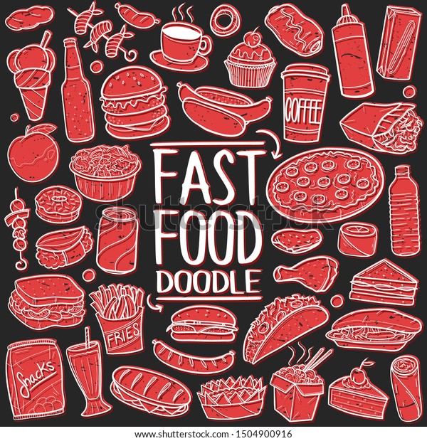 Red Fast Food Doodle Icons Hand Miscellaneous Food And Drink