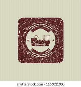 Red fast food icon inside distressed rubber stamp with grunge texture