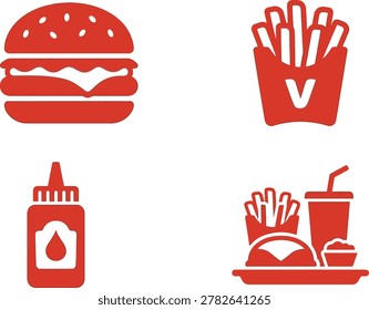 Red fast food icons featuring a burger, fries, mustard, and a beverage with fries and burger