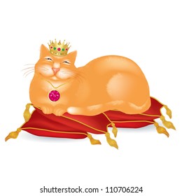 Red fat cat in a crown lying on the pillows