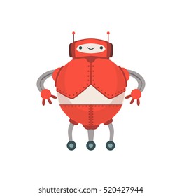Red Fat Friendly Android Robot Character With Two Antennas Vector Cartoon Illustration